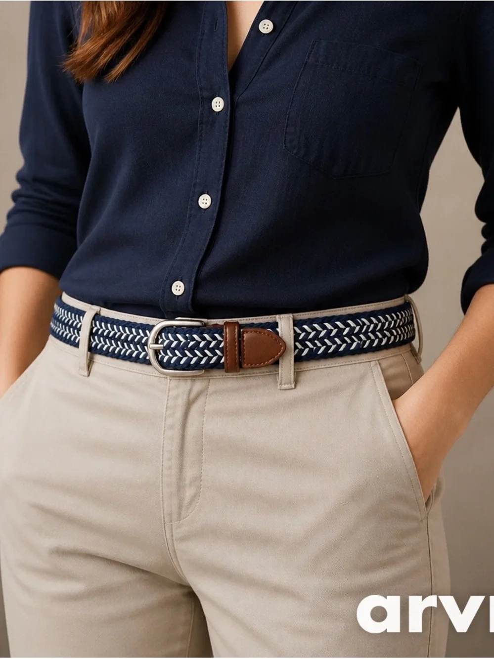Woven Stretch Belt in Navy and Cream with Brown Leather Trim